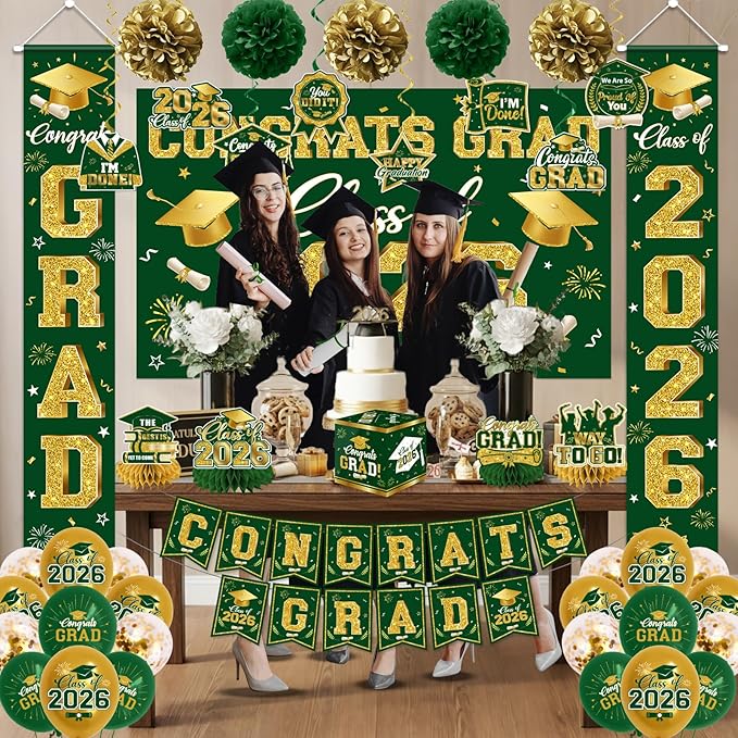 2026 Graduation Decorations - Green Congrats Grad Party Supplies include Card Box, Backdrop, Banner and Balloons for Class of 2026 Decorations Set