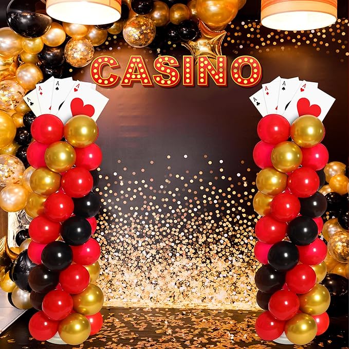 2 Sets Casino Theme Party Decoration Adjustable Poker Themed Balloon Column Stand Kit 8 Pcs Jumbo Poker Cards 129 Pcs Balloon Set for Las Vegas Game Night Birthday Party Supplies(Red Black and Gold)