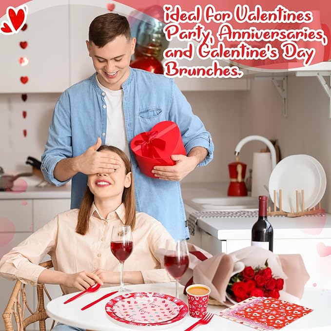 450 Pcs Heart Love Tableware Set Decorations Mother's Day Paper Plates Napkins Cups Cutlery Straws for Church Event Party Supplies, Serves 50