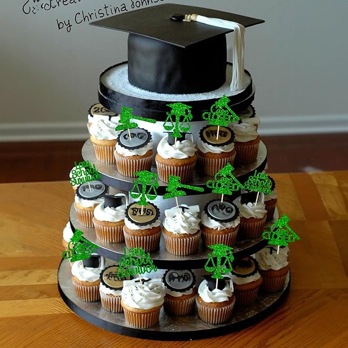 Gyufise 24Pcs Green 2026 Lawyer Graduation Cupcake Toppers Glitter Class Of 2026 Lawyer Grad Cake Toppers Cap Diploma Cupcake Picks 2026 Graduation Theme Party Cake Decorations Supplies