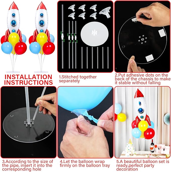 4 Sets Toy Inspired Themed Party Balloons Stand Kit With 4 Rocket Foil Balloons Toy Themed Red Blue Yellow Balloon Centerpiece for Tables for Boys Birthday Baby Shower Cartoon Party Decorations