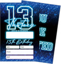 SIXEIGHT Blue 13th Birthday Party Invitations for Boys, Glow Neon Birthday Invitations, 20 Double Sided Invite Cards with Envelopes for Kids Girls, Party Decorations Supplies, 4"x6"-C13
