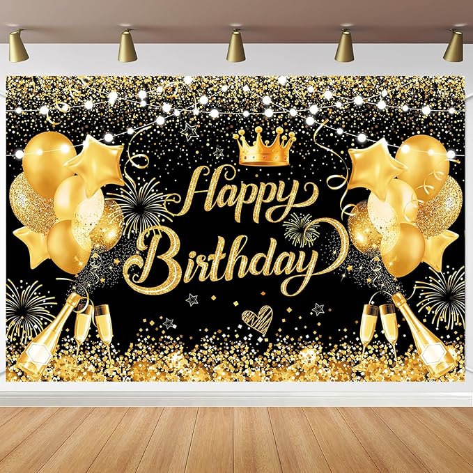 YinQin 180x120 cm Glitter Black Golden Happy Birthday Backdrops Photography Backgrounds Cloth 71x47 inch Bday Party Decorations Black Gold Happy Birthday Sign Banners for Men Women