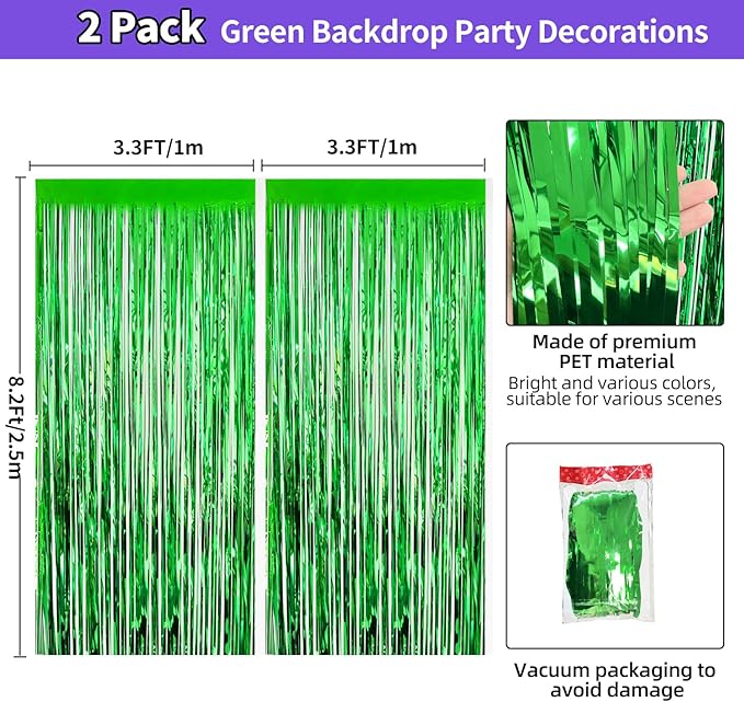 St Patricks Day Decorations Green Tinsel Backdrop 3.3x8.2ft, 2 Pack Foil Fringe Curtain Football Party Door Streamers, Green Fringe Backdrop for Superbowl Easter Christmas Jungle Birthday Irish Decor
