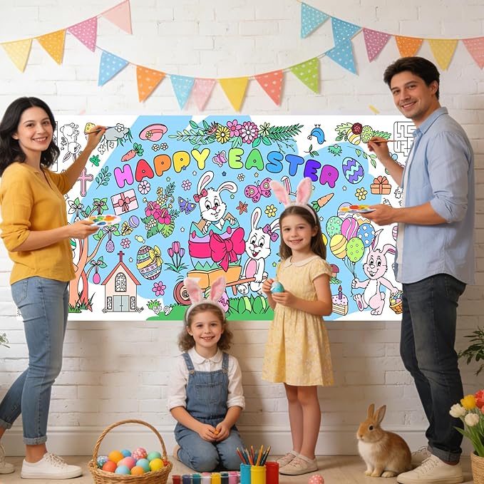 Easter Giant Coloring Poster for Kids,30x72 Inch Happy Easter Crafts Drawing Paper Coloring Tablecloth DIY Art Crafts for Kids Party Bunny Egg Themed Activity Classroom Home Party Suppiles