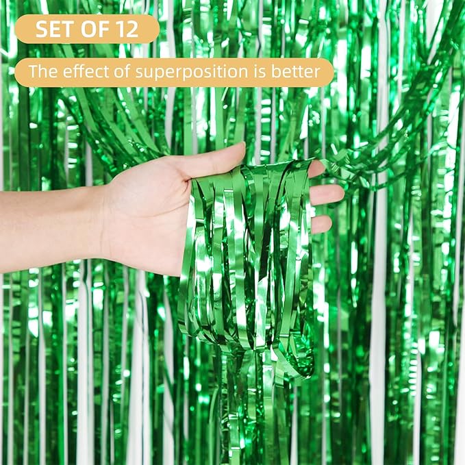 12 Pack Green Foil Curtain Backdrop 3.2ft x 6.6ft Metallic Tinsel Fringe Backdrop Curtains Streamer Photo Booth Backdrop for Birthday Engagement Bachelorette Christmas Holiday Party Decorations