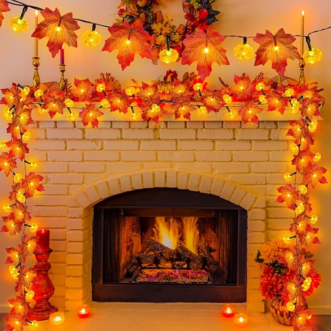 3Pack&Timer-Fall Decor Fall Garland with Pumpkin Lights Fall Decorations for Home, 30Ft 60LED Garland Lights Patented Enlarged Maples Leaf Battery Operated Indoor Outdoor Thanksgiving Halloween Decor