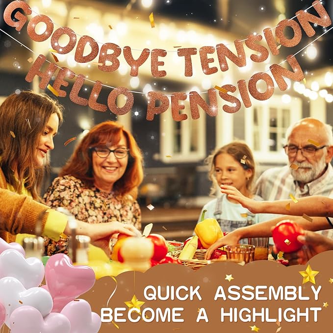 Retirement Banner Pre-Strung GOODBYE TENSION HELLO PENSION Banner Glitter Retirement Party Supplies Decorations for Women Men Office Home Decor (Brown)