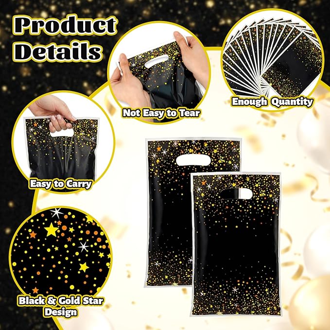 50 PCS Black and Gold Party Favor Gift Bags, Plastic Bags with Handles,Candy Snack Cookie Bags, Party Gift Bags Bulk for New Year Christmas Party Favors Supplies Graduation Decorations Baggies