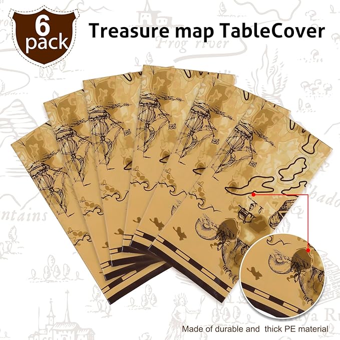 Irenare 6 Pieces Pirate Tablecloth for Party Decor - 54 x 108 Inches Pirate Treasure Map Tablecover Plastic Island Treasure Table Covers Navigation Supplies for Birthday Party Decoration