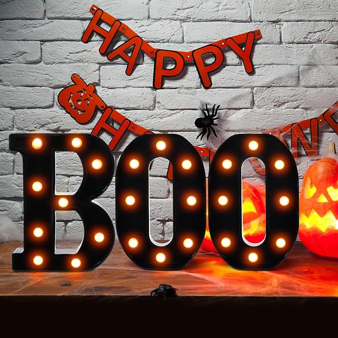 3 Pcs LED Marquee Light Up Letters Black Boo Sign Halloween Decorations Indoor Boo Halloween Lights for Home Kitchen Tabletop Fireplace Party Decoration (Orange)