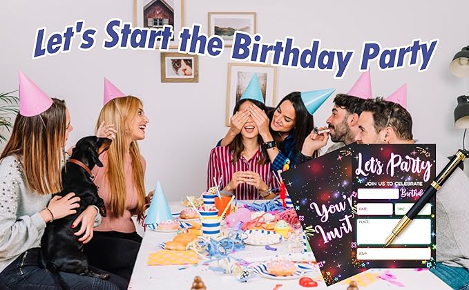 CLIRBE Let's Party Birthday Party Invitations, Glow Neon Invited Birthday Invitations For Teen Boys Girls, 20 Invites Cards With 20 Envelopes, Party Supplies Favors -H16