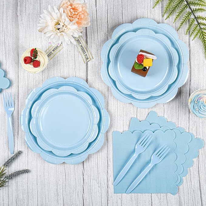 96 Pcs Light Blue Paper Plates and Napkins Set Party Supplies, Tableware set for 24 Guest include Disposable Light Blue Scalloped Plates, Napkins and Forks for Baby Shower Bridal Shower Wedding