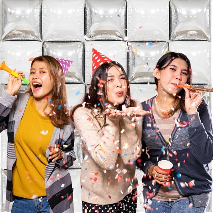 Pearl White and Silver Double Sided Square Foil Balloons Wall,19 Inches Metallic Foil Balloons Tunnel Arch Kit for Bachelorette,Anniversary,Wedding,2026 Graduation,Birthday Party Background Decoration
