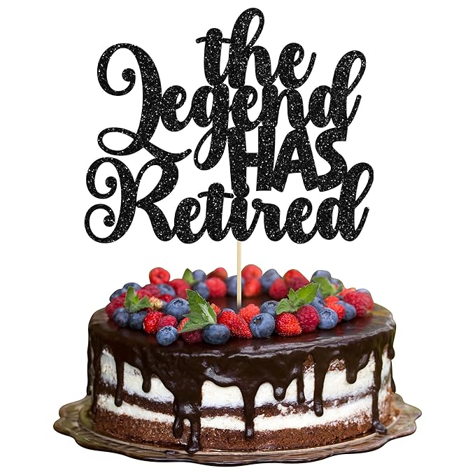 Gyufise 1Pc The Legend Has Retired Cake Topper Glitter Happy Retired Cake Pick Decorations for Funny Old Birthday Retirement Party Cake Decorations Supplies Black