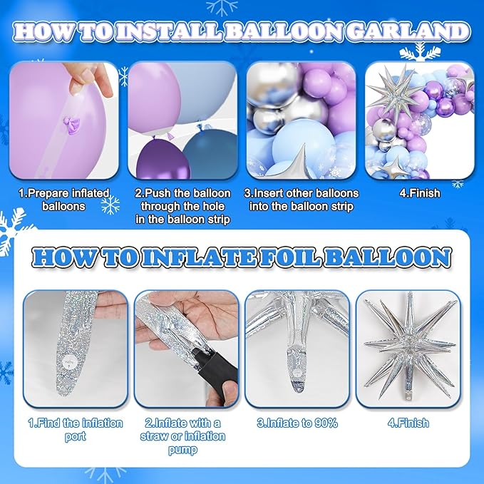 Snow 7th Birthday Decorations Girl, Snowflake Balloon Garland Arch Kit, Laser Explosion Star Balloons, Silver Number 7 Balloon Tower for Baby Shower Girls 7th Snow Theme Party Supplies