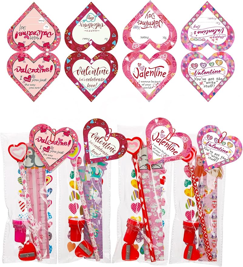 Valentine Gifts for Kids School, 28 Packs Stationery Set from Teachers to Students, Valentines Kids Gift Set Cards with Stickers, Pencils, Erasers, Valentine's Day Classroom Exchange Party Favor Toy
