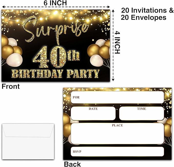 YSTEP 40th Birthday Party Invitations, 20 Black Gold Invite Cards with Envelopes, 4"x6" Foil Balloon Birthday Invites - B08
