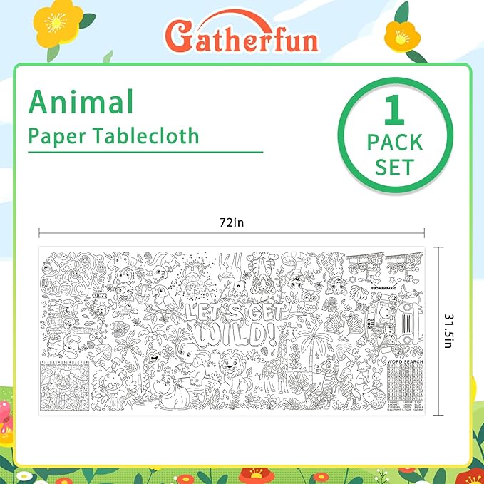 Safari Jungle Party Coloring Poster, 31.5x72" - Ideal as Safari Birthday Decorations, Kids' Coloring Table Cloth, Jungle Tablecloth for School Party & Special Events