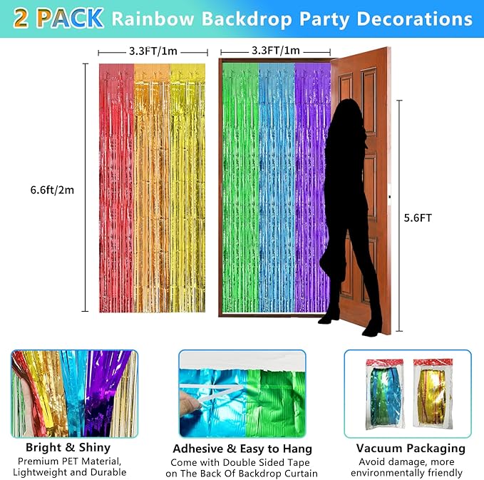 2 Pack Rainbow foil Fringe Backdrop Curtains, 3.3x6.6FT Rainbow Party Decorations Tinsel Backdrop Fringe Curtain Party Streamer for Engagement Graduation Pride Back to School