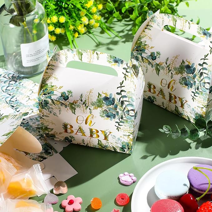 Nezyo 24 Pcs Baby Shower Party Favor Boxes Sage Green Goodie Bags for Guests, Baby Shower Paper Boxes with Eucalyptus Leaves for Gender Reveal Return Guest Gifts, 4.7 x 2.4 x 5.1 Inch