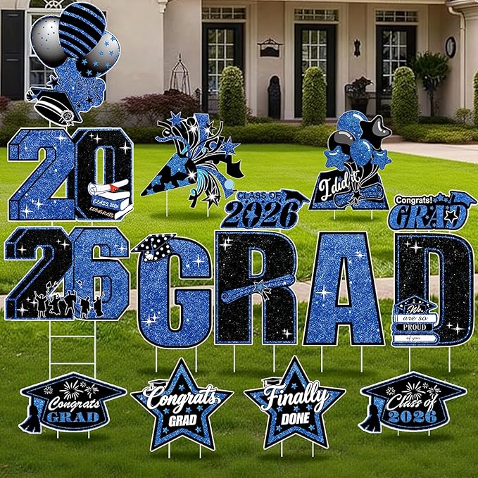 15 PCS Graduation Yard Signs Class of 2026 Decorations, 2026 Graduation Decorations - Large 4FT Tall Congrats Grad Lawn Sign Set with H-Stake & Fiberglass Rods, Waterproof Outdoor & Indoor Graduation Party Decor,Blue and Black