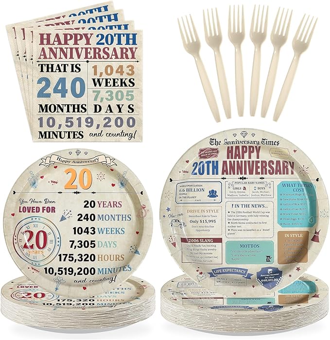 96Pcs 20th Anniversary Party Decorations Retro 20 Years Plates and Napkins 20th Anniversary Disposable Tableware Set for Vintage 20 Year Wedding Company Party Supplies Serves 24