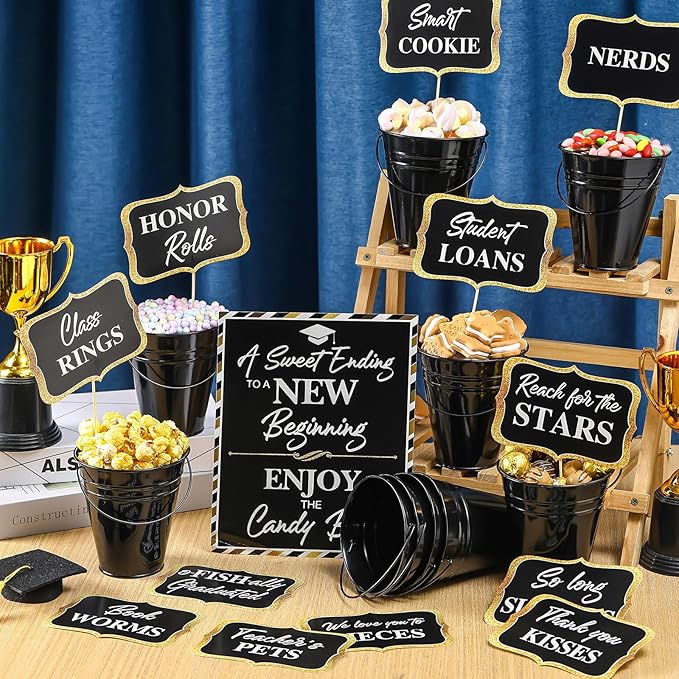 12 Set 2026 Graduation Candy Buffet Party Decoration Graduation Table Candy Bar Snack Labels Signs and 5'' Buckets with Handle for Class of 2026 Party Parties Supplies(Pure Style,Black)