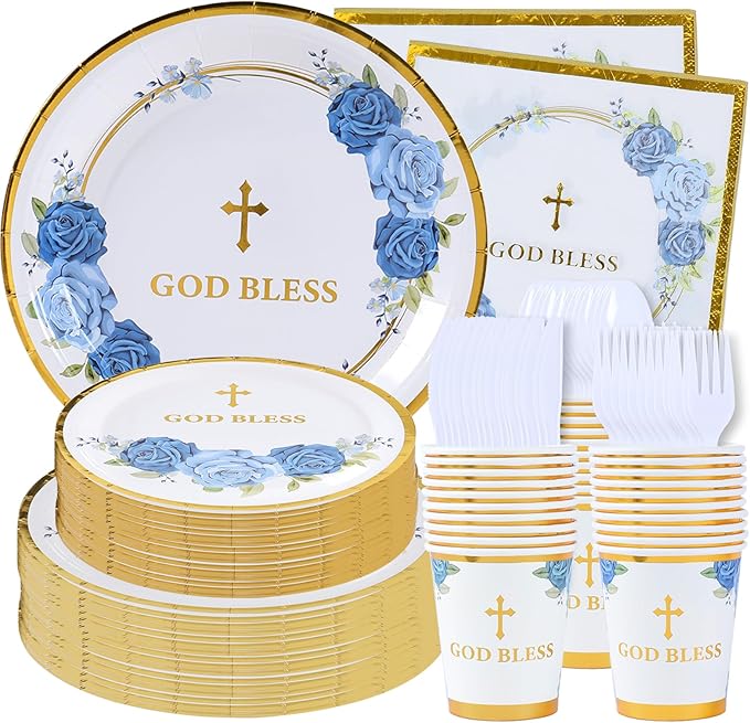 Religious Party Plates for 24 Guests - Baptism, First Communion, Confirmation (Blue)