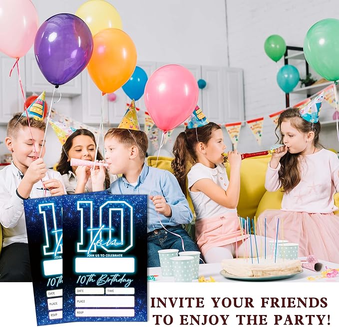 SIXEIGHT Blue 10th Birthday Party Invitations for Kids, Glow Neon 10th Birthday Invitations for Boys Girls, 20 Pack Blue Invites with Envelopes, Glow Neon Party Decorations Supplies, 4"x6"-C10