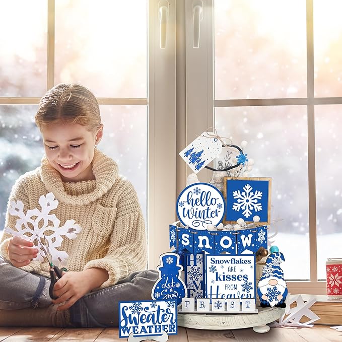 Winter Tiered Tray Decor Set Hello Winter Snowman Wooden Signs Snowflake Decorations Rustic Farmhouse Blocks Sign for Home Table Harvest Holiday