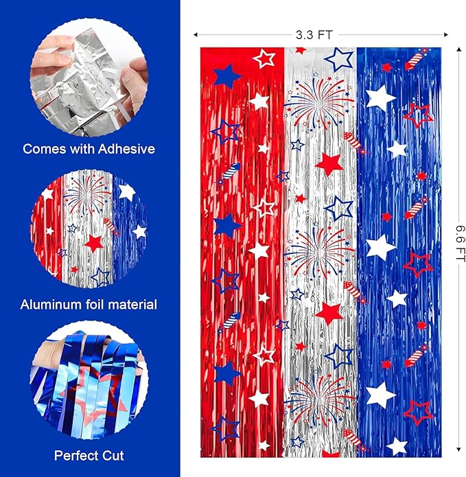 4th of July Decorations 3 Pack Foil Fringe Garland Tinsel Curtains, Red White Blue Hanging Fringe Backdrop Banner, Photo Booth Prop for Patriotic Party Decor (Streamers 3)