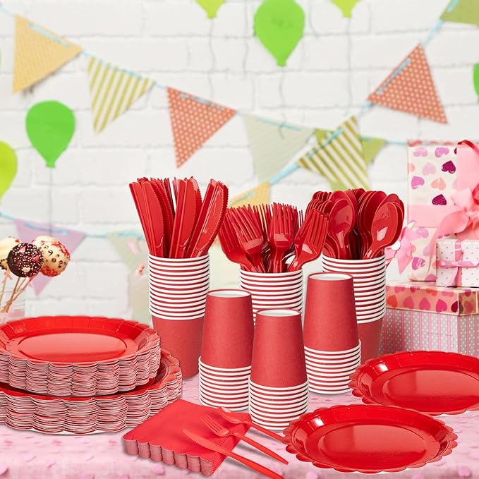 LIYH 350 Pcs Red Paper Plates and Napkins Set for 50 Guest, Disposable Paper Plates Include Red Scalloped Plate Cocktail Napkins Cups Cutlery for Birthday Party