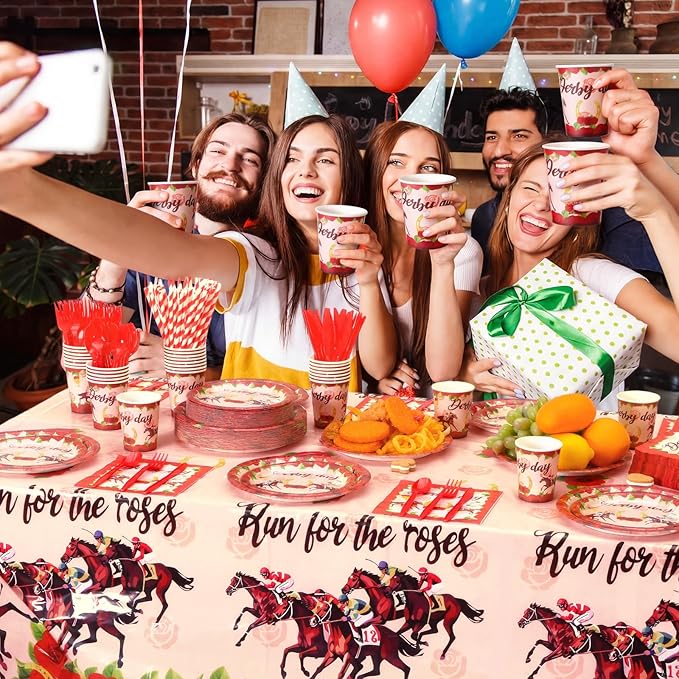Ceenna 452 Pcs Derby Day Party Supplies for 50 Guests, Run for the Roses Derby Paper Plates Napkins Cups Tablecloth Cutlery Straw Disposable Tableware for Horse Racing Day Party Decorations