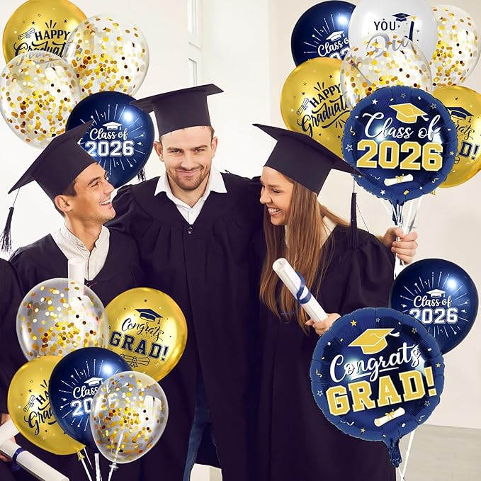 Navy Blue and Gold Graduation Balloons Graduation Decorations 2026, 51Pcs Grad Latex Balloons and Grad Foil Balloon with Confetti Ribbons Grad Party Decorations for College High School