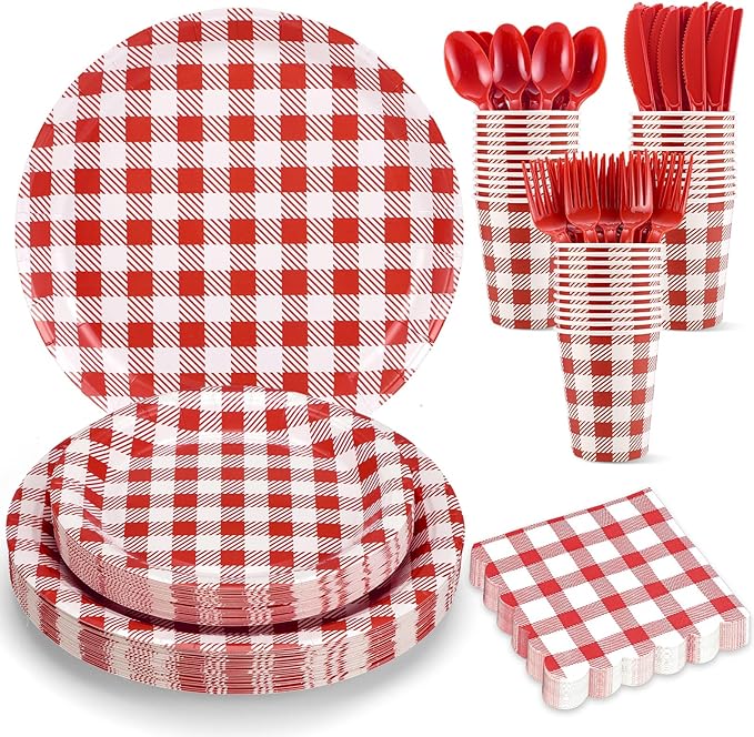 175 Pcs Gingham Party Supplies Include Red Gingham Plates and Napkins Cups Plastic Cutlery Disposable Red Checkered Plates Set for Picnic, Pizza, Bbq, Hot Dog Party Decorations