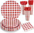 175 Pcs Gingham Party Supplies Include Red Gingham Plates and Napkins Cups Plastic Cutlery Disposable Red Checkered Plates Set for Picnic, Pizza, Bbq, Hot Dog Party Decorations