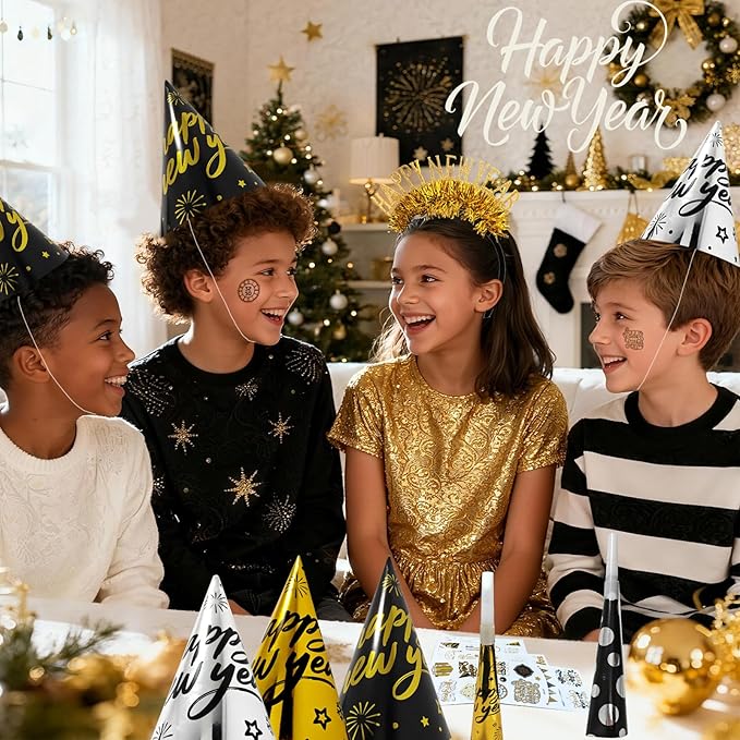 Atonofun 2026 New Years Eve Party Supplies for 24 Guests, 60 Pcs New Year Eve Party Hats and Horns, Headband, Tattoos, Blowouts 2026 New Year Party Favors