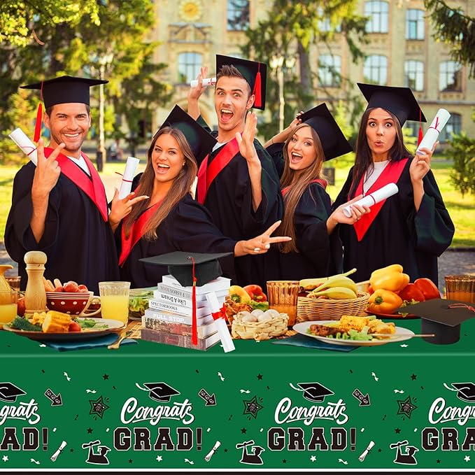 2 Pack Green Graduation Tablecloth - Congrats Grad Table Cloths, Plastic Disposable Rectangle Class of 2026 Table Cover for Graduation Tables Decorations Party Decor Supplies Favors,108 x 54 Inch