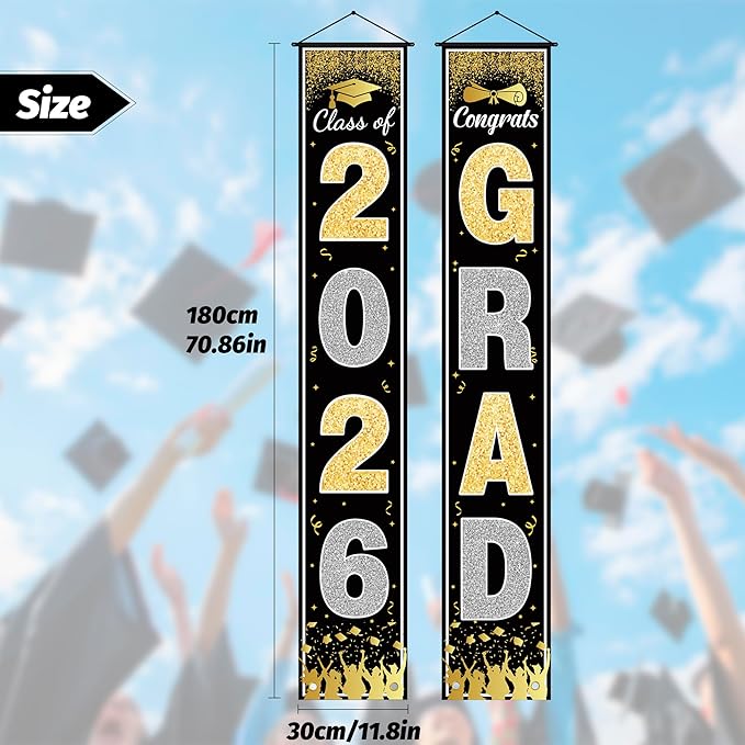 OHOME Graduation Decorations 2026 - Black Gold Congrats Grad Porch Banner for Graduation Party Decorations - Class of 2026 - Party Favors Supplies Backdrop Yard Signs Decor (Black)