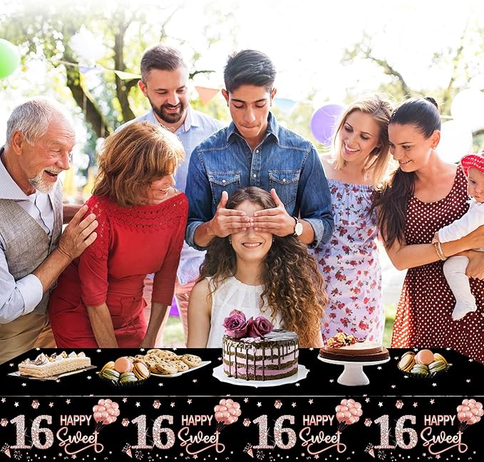 3 Pack Sweet 16th Birthday Tablecloth Decorations for Girls, Rose Gold Happy Sixteen Birthday Theme Table Cover Party Supplies, 16 Year Old Birthday Plastic Disposable Rectangular Table Cloth Decor