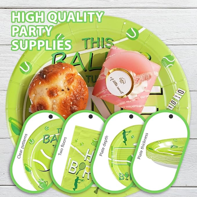 96Pcs Tennis Ball First Birthday Decorations Tennis Party Decorations Plates and Napkins 1st Tableware Set for Baby Boys Girls First Birthday Baby Baptism Party Supplies Serves 24