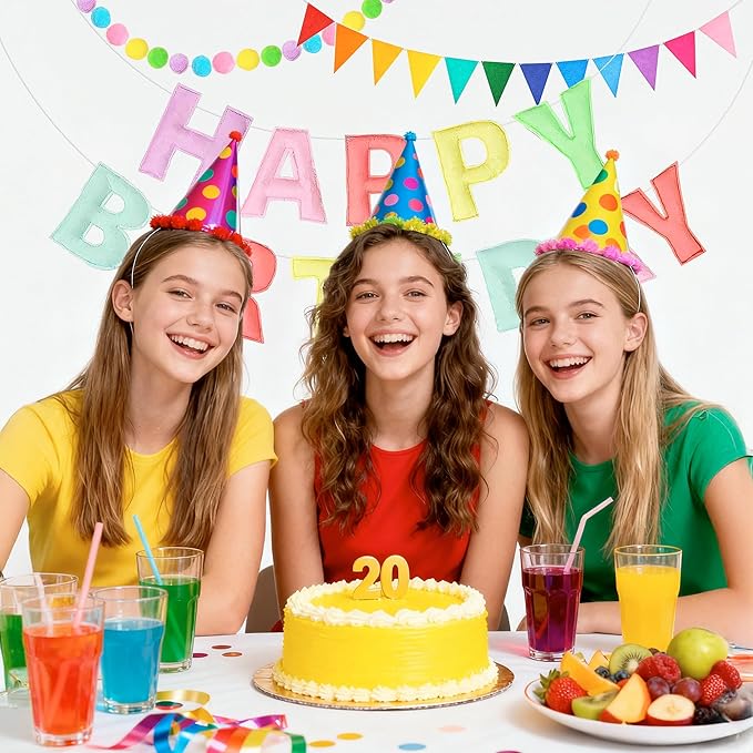 3PCS Pre-Strung 3D Macaron Pastel Felt Happy Birthday Banner Set – Pom Pom Garland & Triangle Bunting, Reusable Happy Birthday Decorations, Felt Happy Birthday Banner & Sign for Girls, Boys & Teens