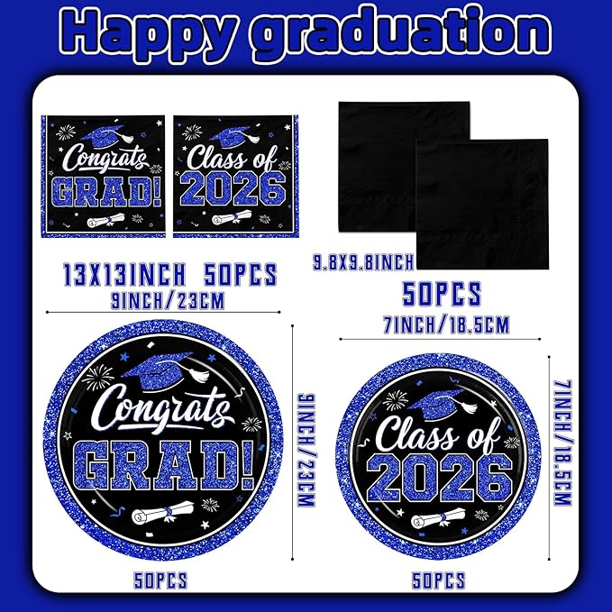 Graduation Decorations 2026 Graduation Party Plates and Napkins Set Black Blue Class of 2026 Graduation Party Supplies for Congrats Grad Party Decor, Serve 50