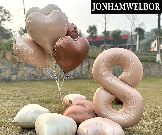 Jonhamwelbor 40 inch Light Brown Number 8 Balloon Caramel Large Big Giant Helium Mylar Foil Number Balloon with Heart Balloons for Girl 8th Eight Year Old Birthday Party Decor (40 inch Beige 8)