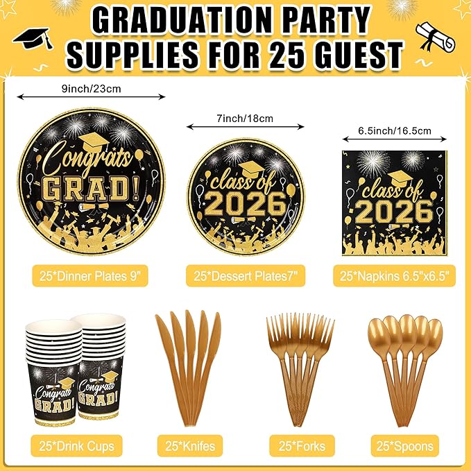 175PCS Graduation Plates and Napkins Set 2026 Graduation Party Supplies Tableware Set Include Paper Plate Napkin Cup Knife Fork Spoon for Black Gold Grad Party Decor Serve25 (Black and Gold)