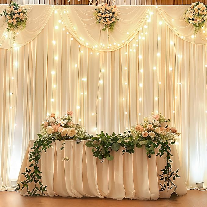 10 x 10ft Champagne Backdrop Curtains with Lights String for Wedding Polyester Photo Backdrop Drapes Wrinkle Free Long Curtains Backdrop for Birthday Parties Reception Baby Shower Ceremony-5 x 10ft 2P