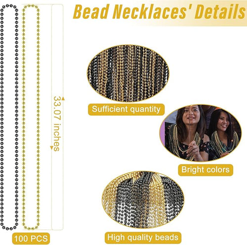 100PCS Bead Necklace, Gold Black New Year Bead Party Favors, New Year Eve 33" Toy Necklaces Costume Accessories, Parade Throw Accessories for New Year Wedding Birthday Celebrations Decoration