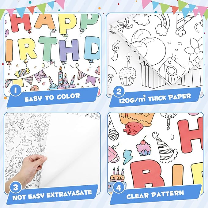 Happy Birthday Giant Coloring Poster/Tablecloth, 30 x 72 Inch Birthday Craft for Kids Art Crafts Paper Banner Kid Games Activities,Coloring Tablecloth Crafts for Classroom Wall School Home Parties