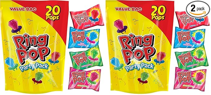Ring Pop Candy,Valentine's Lollipops,20 Ct Party Favors in Assorted Fruity Flavors - Full Size,Fun Hard Candy For Birthday Parties,Valentine's Gifts,Goodie Bags,Party Favors,(Pack of 2)
